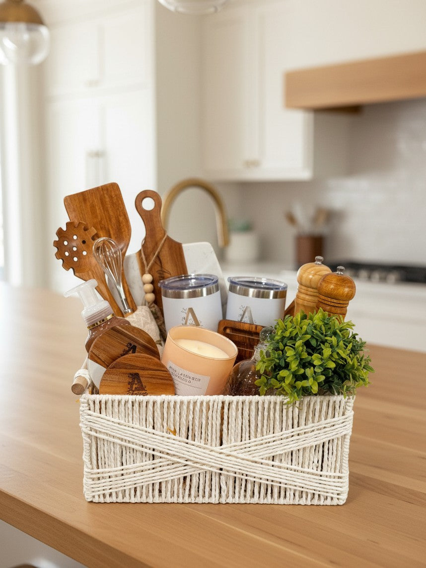 Luxury Realtor closing gift basket with personalized keepsakes and kitchen essentials on a wood counter