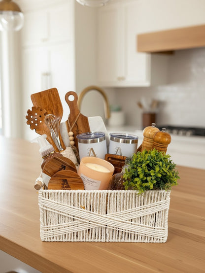 Luxury Realtor closing gift basket with personalized keepsakes and kitchen essentials on a wood counter