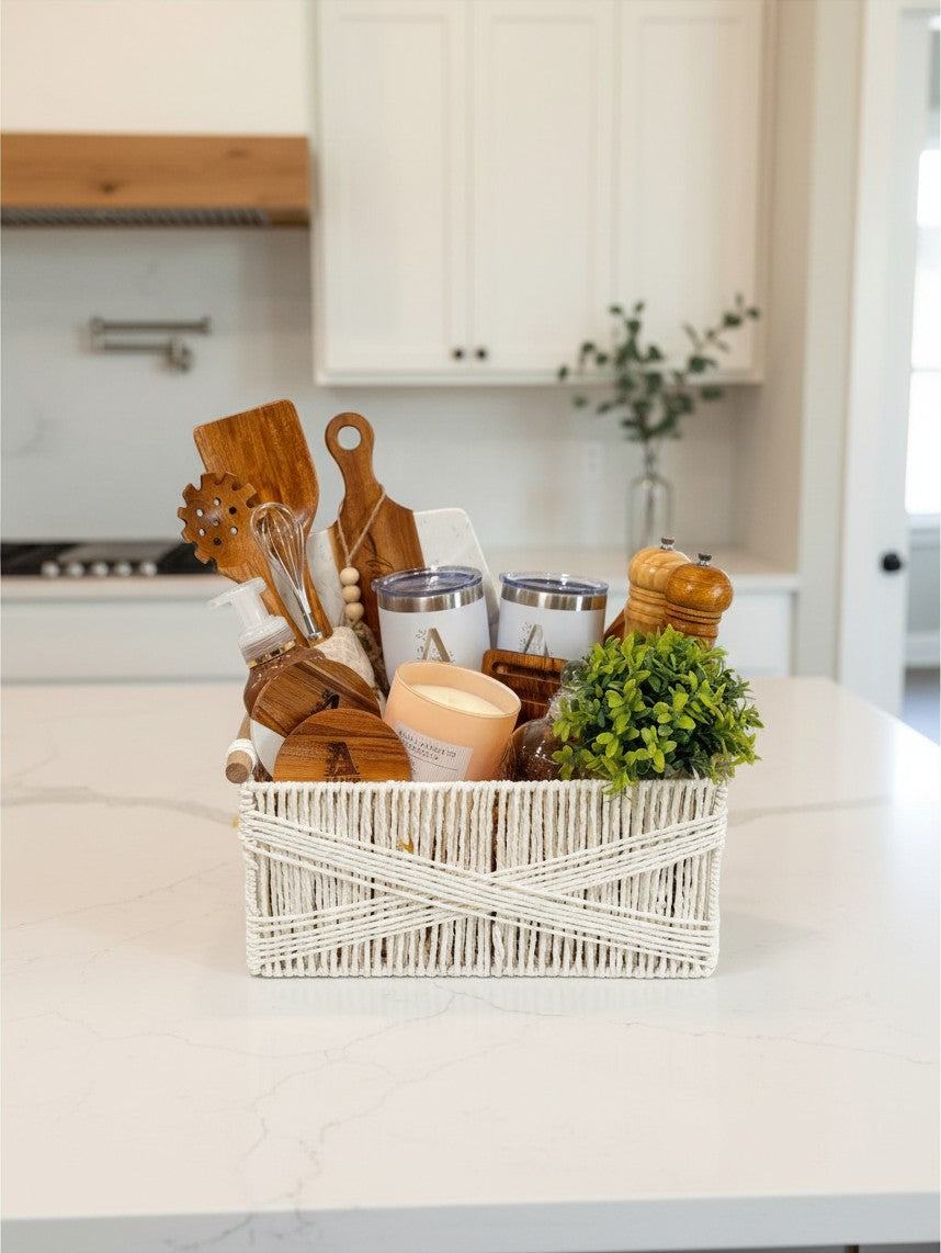 Welcome Home Luxe personalized new homeowner gift basket styled in a bright modern kitchen