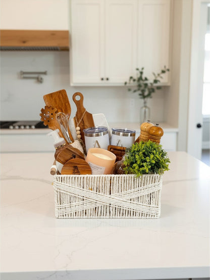Welcome Home Luxe personalized new homeowner gift basket styled in a bright modern kitchen