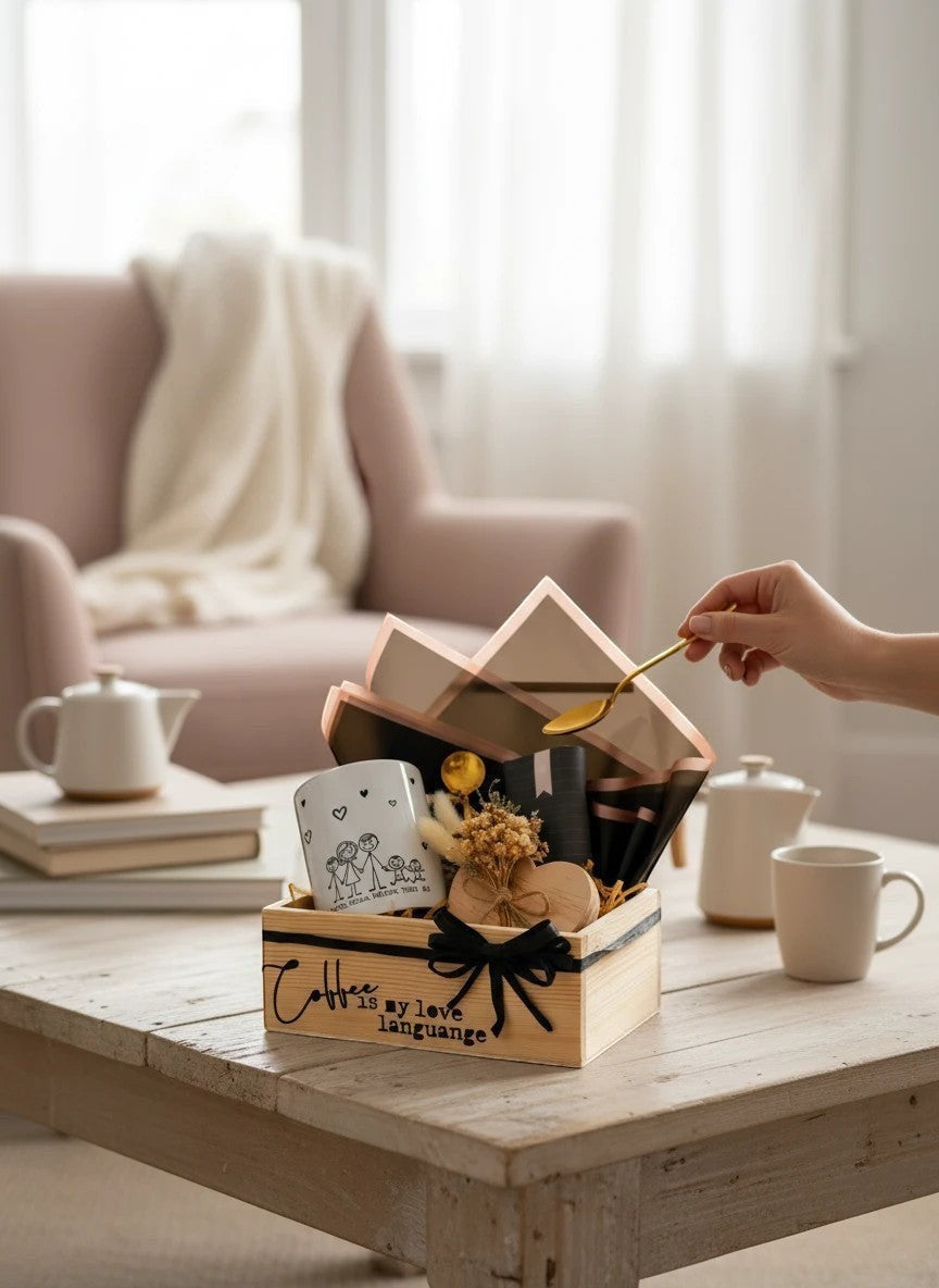 Kintoir personalized coffee gift box featuring a custom family mug, gold spoon, heart coaster, and dried flowers.