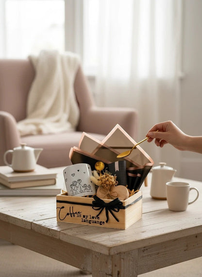 Kintoir personalized coffee gift box featuring a custom family mug, gold spoon, heart coaster, and dried flowers.