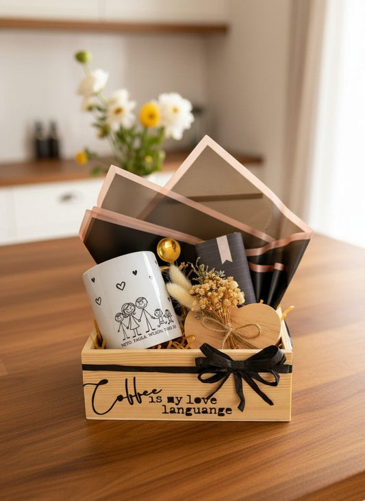 Kintoir personalized coffee gift box featuring a custom family mug, gold spoon, heart coaster, and dried flowers in a crate.