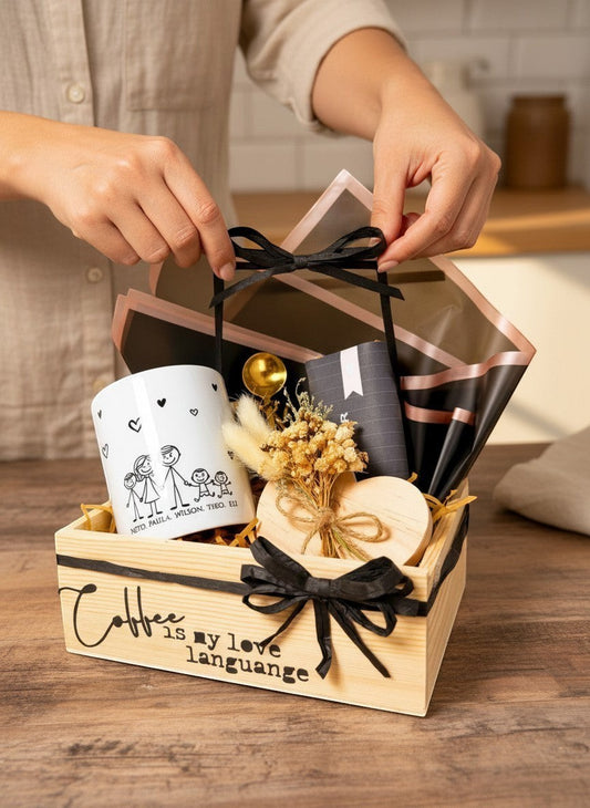 Coffee Family Crate personalized family coffee mug gift with wooden crate, gold spoon, heart coaster, and dried flowers | Kintoir