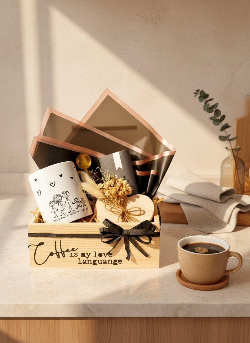 Kintoir personalized coffee gift crate featuring a custom family illustration mug, gold spoon, and heart coaster.
