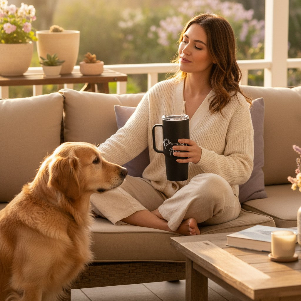 Kintoir personalized black tumbler with dog ear engraving held by a woman sitting on a patio with her golden retriever