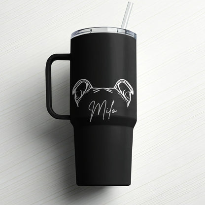 Kintoir personalized black stainless steel tumbler featuring a white engraved dog ear outline and custom pet name