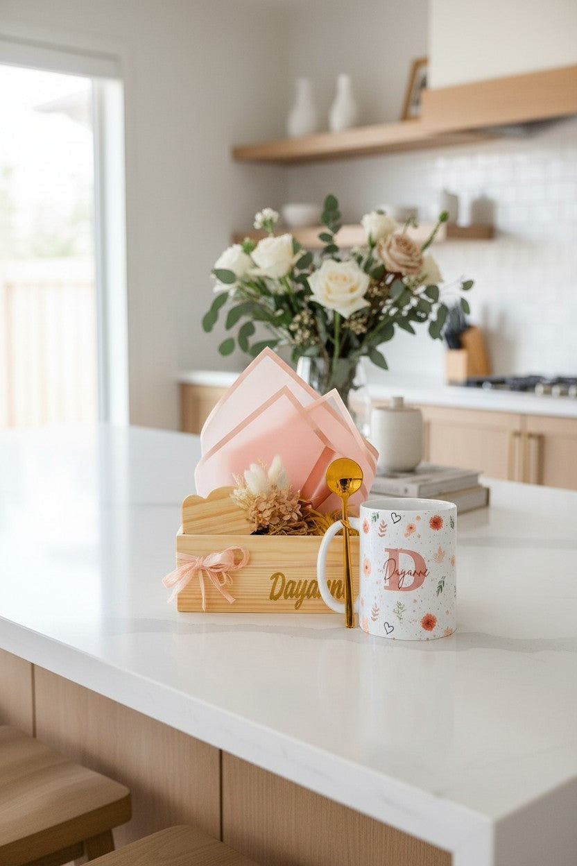 Kintoir personalized floral gift box with custom mug, gold spoon, and dried flowers in a rustic pine crate