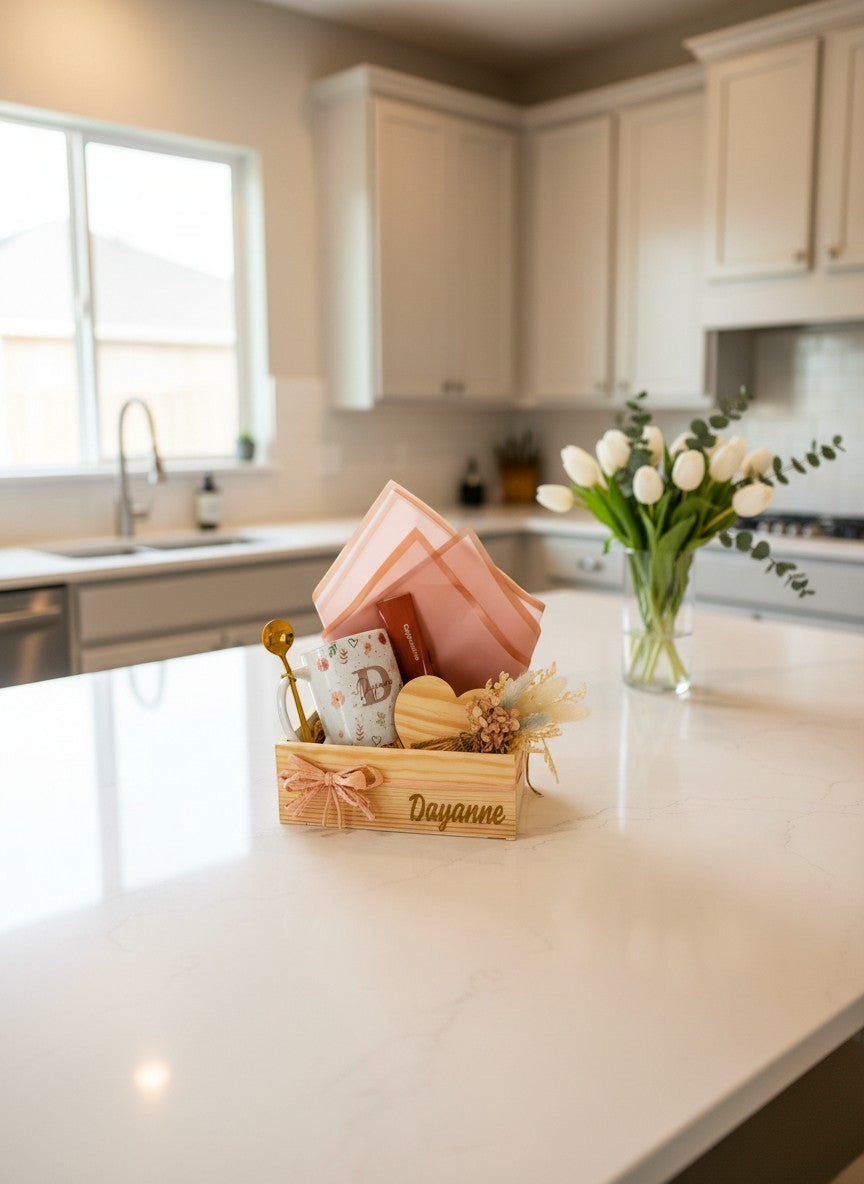 Kintoir personalized floral gift box in a wood crate with a custom mug, gold spoon, heart coaster, and dried flowers.