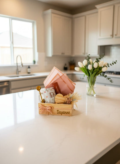 Kintoir personalized floral gift box in a wood crate with a custom mug, gold spoon, heart coaster, and dried flowers.