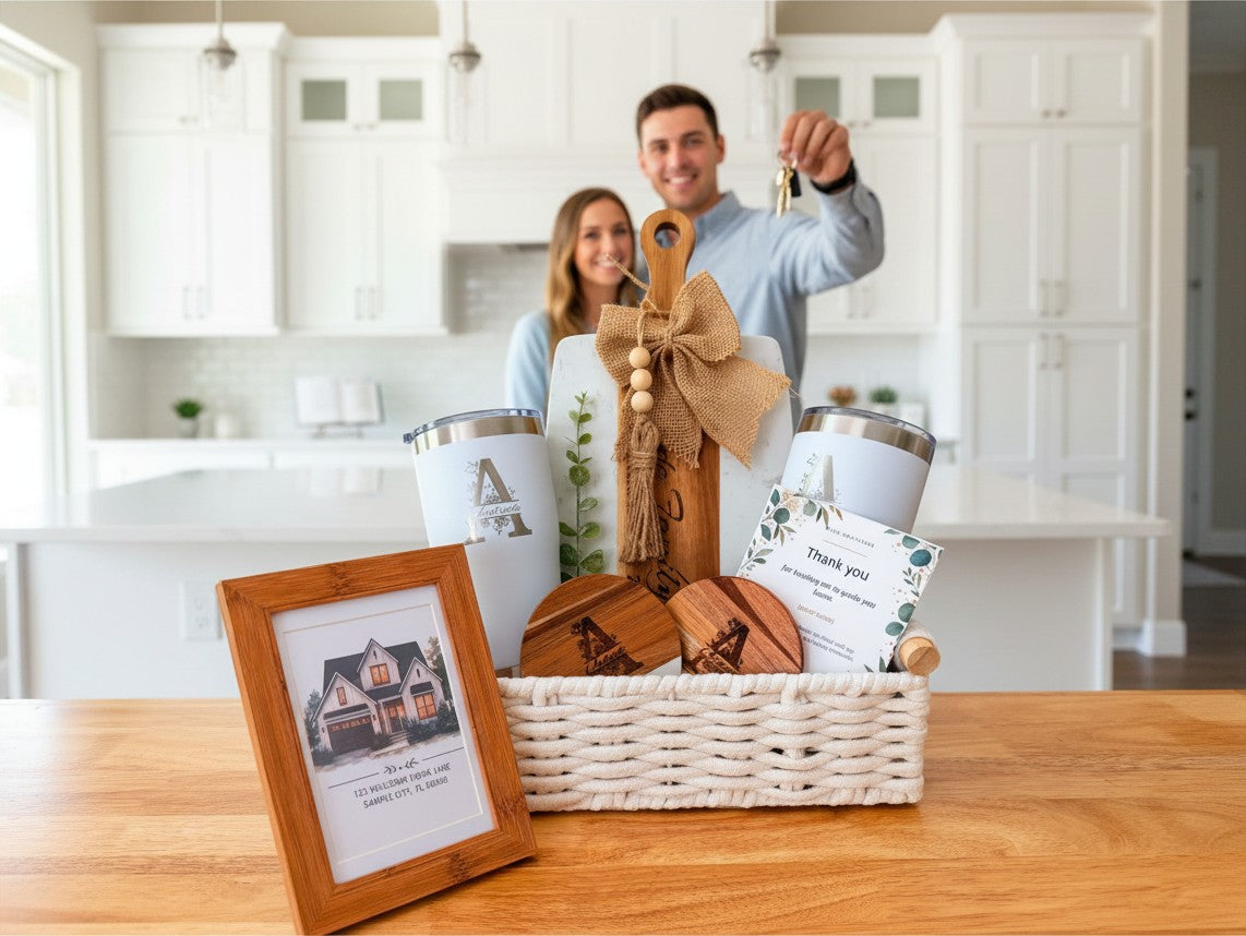 Real estate client closing gift basket with personalized new home details