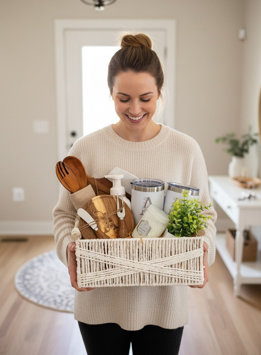 Woman holding a Kintoir personalized housewarming gift basket with wooden kitchenware, tumblers, and a scented candle.