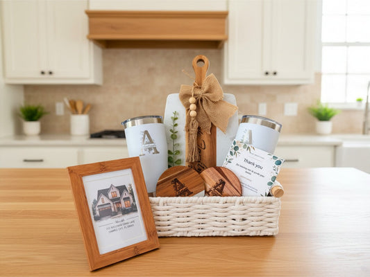 Personalized realtor closing gift basket with tumblers, coasters, cutting board and framed home keepsake