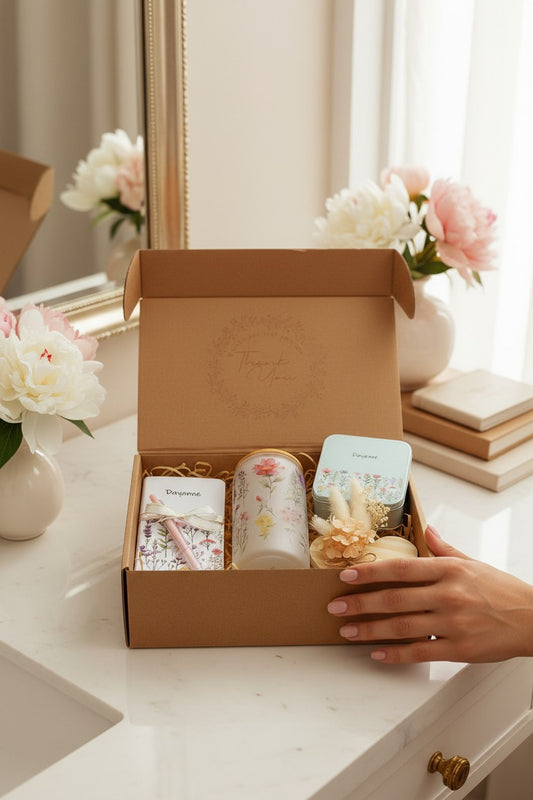 Kintoir personalized keepsake gift box featuring a floral notebook, frosted glass, jewelry tin, and dried flowers.