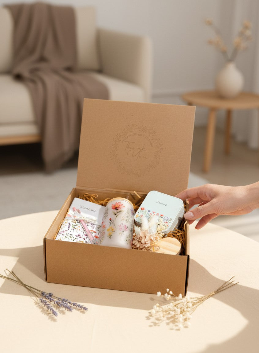 Kintoir personalized keepsake gift box featuring a floral glass, notebook, jewelry tin, and wood heart in a kraft box.