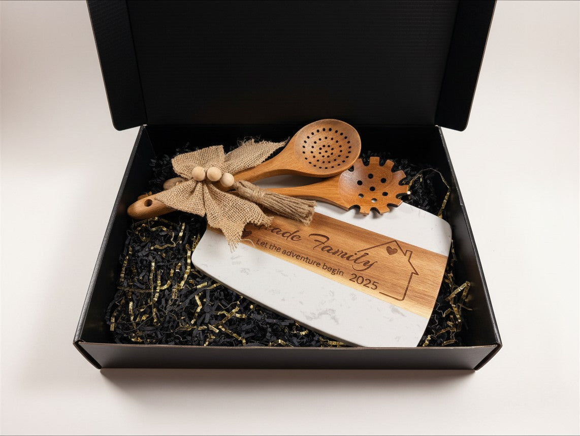 Kintoir personalized acacia wood and marble cutting board gift set with wooden spoons in a black presentation box