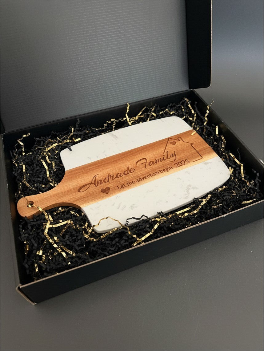 Closing Day Keepsake personalized cutting board presented in a black gift box for a Realtor closing gift