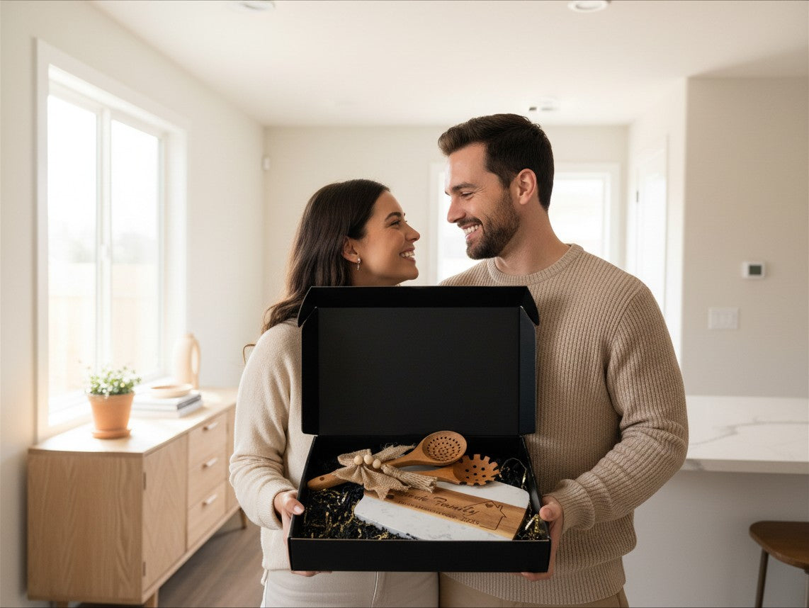 A happy couple holding a Kintoir personalized acacia wood and marble cutting board gift set in a bright home interior.