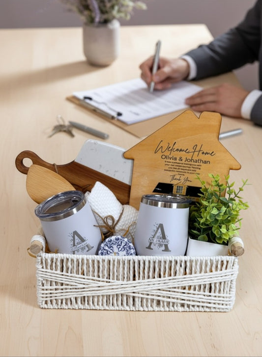 Kintoir personalized realtor closing gift basket with engraved cutting board, wine tumblers, and home decor items.