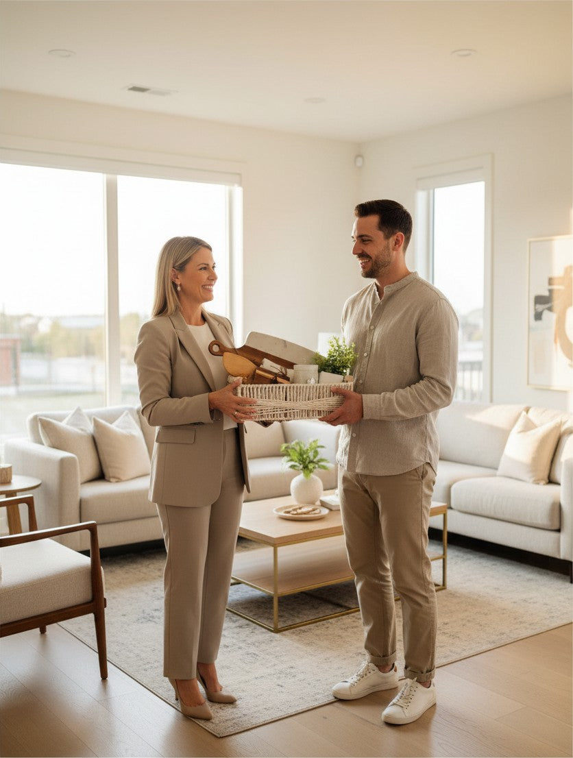 Realtor presenting Thoughtful Touch personalized closing gift basket to a client in their new home