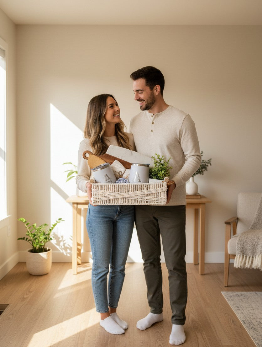 Couple celebrating a new home with a personalized Realtor closing gift