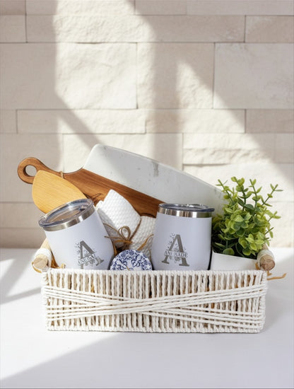 Settle In Style closing gift basket with personalized cutting board and coordinated home essentials