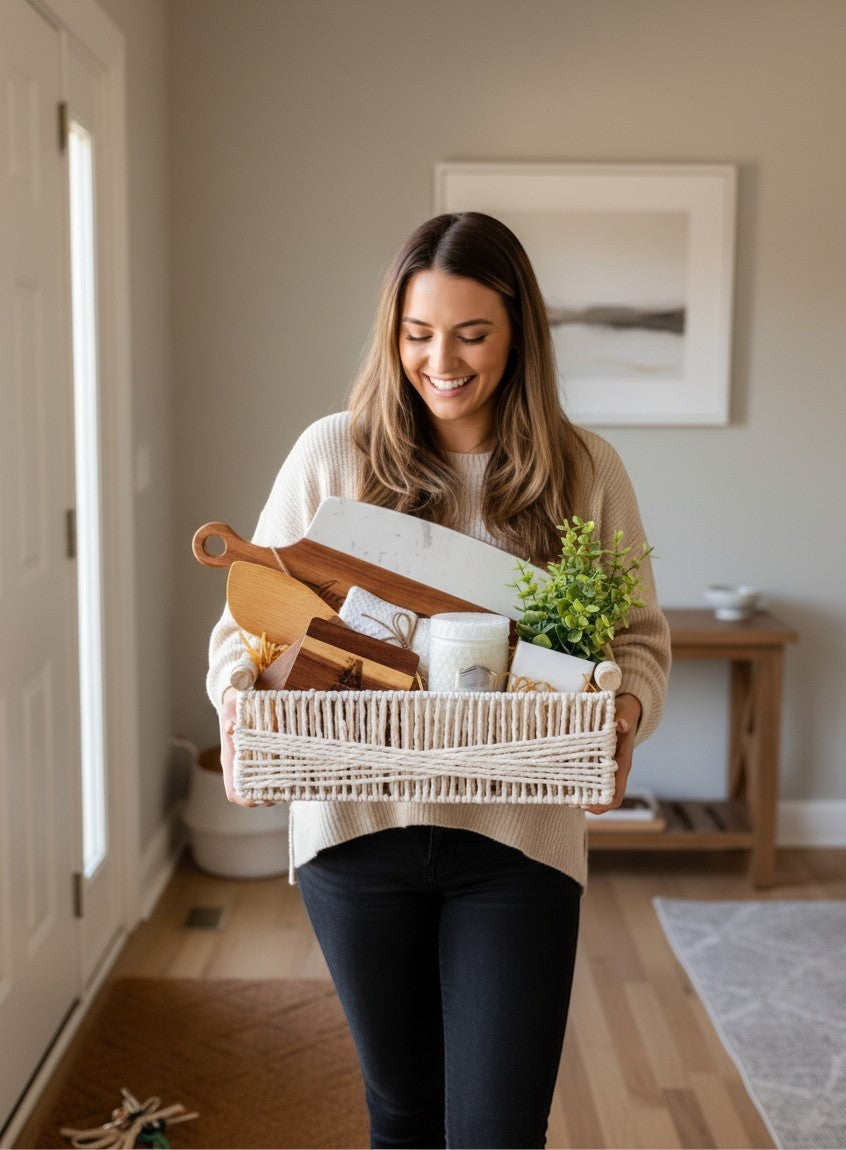 Thoughtful Touch personalized Realtor closing gift basket for new homeowners with engraved cutting board and home essentials