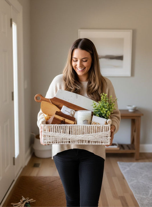 Thoughtful Touch personalized Realtor closing gift basket for new homeowners with engraved cutting board and home essentials