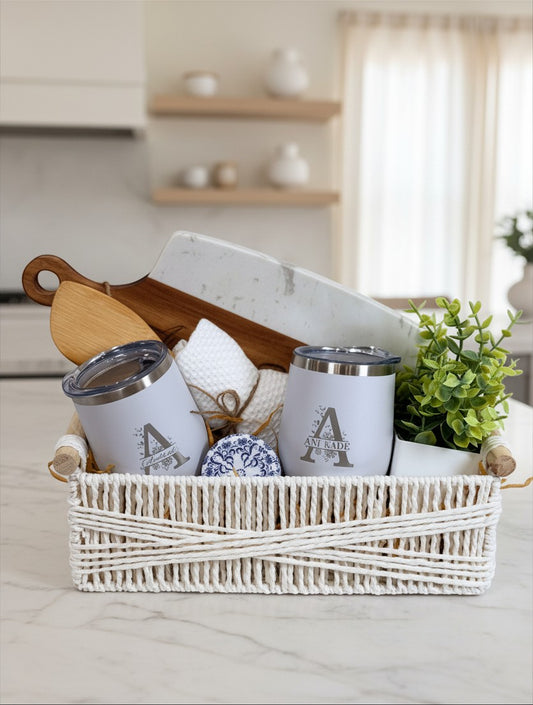 Personalized Realtor client gift basket styled in a bright modern kitchen