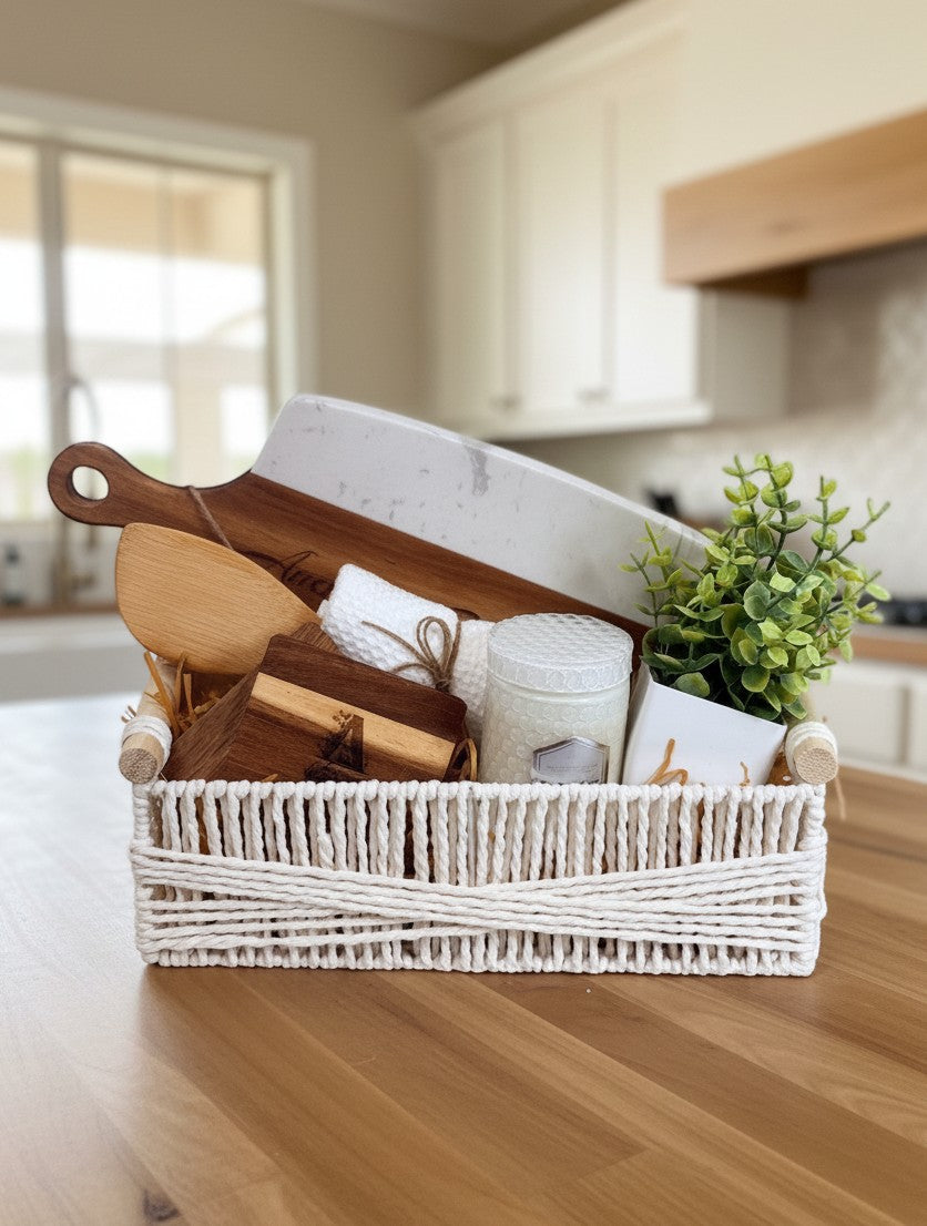 Thoughtful Touch Realtor client gift basket with personalized cutting board and coordinated home accessories