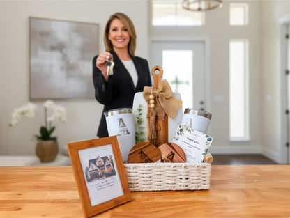 New homeowner closing gift basket with personalized keepsakes and message card