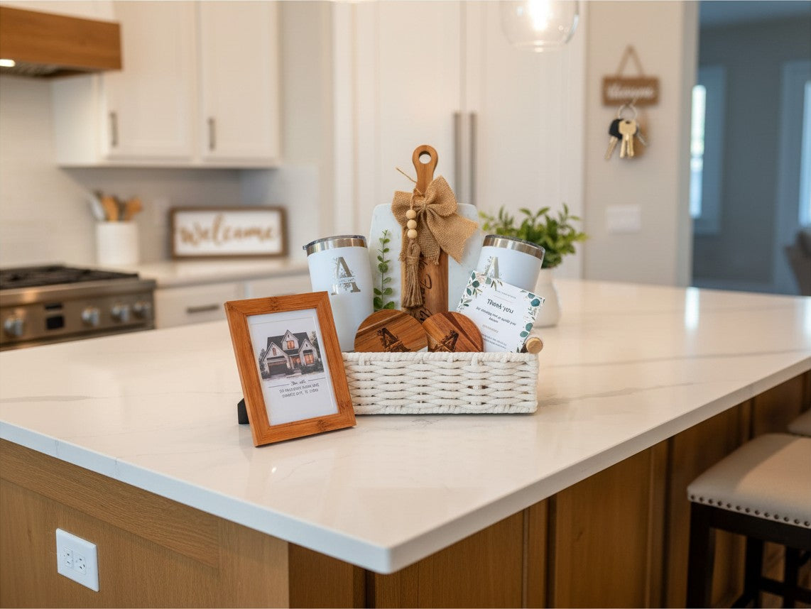 Personalized closing gift basket for new homeowners displayed on table