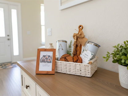 Custom tumblers and wood-and-marble coasters in Realtor closing gift basket