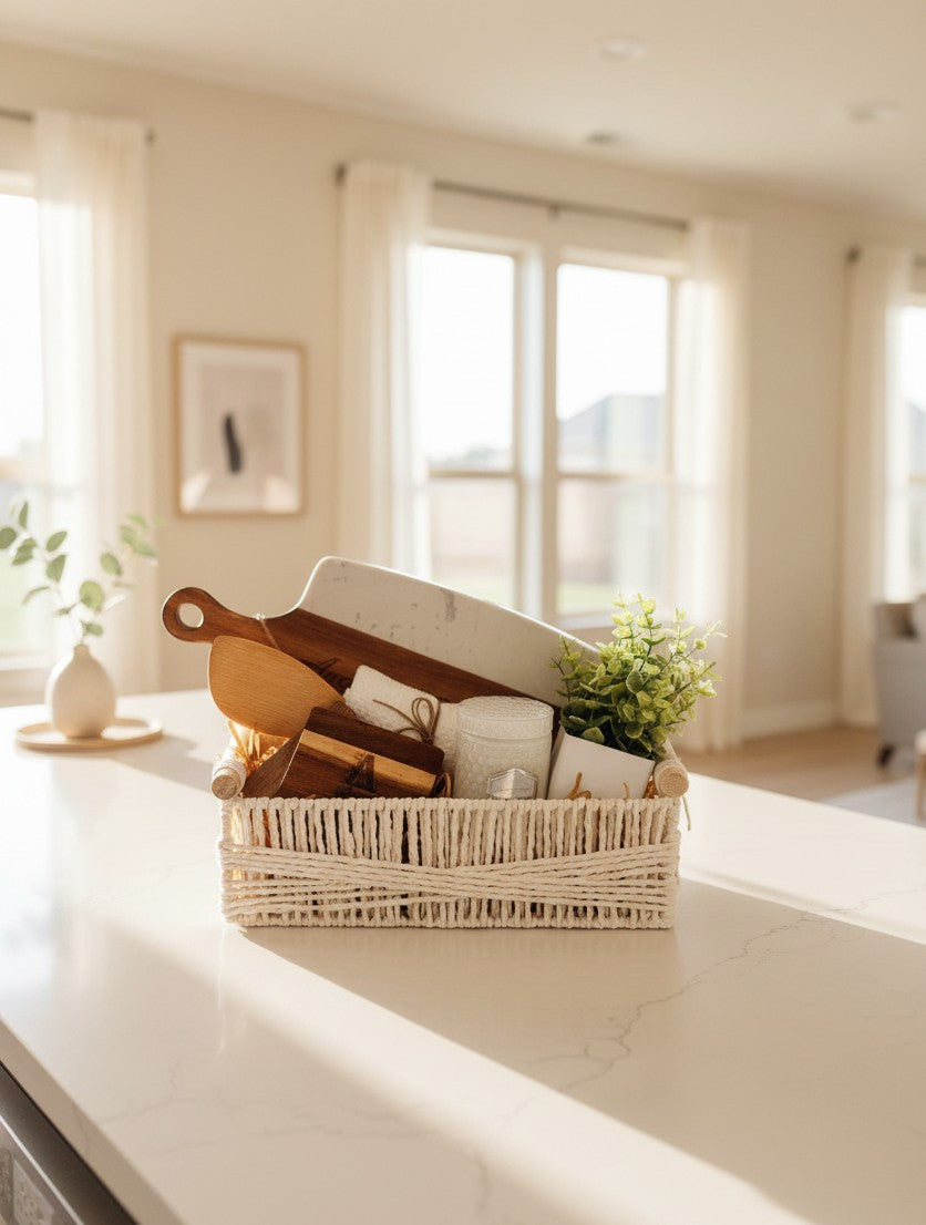 Personalized new homeowner closing gift basket styled on a bright modern kitchen counter