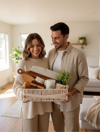 Couple celebrating with a personalized Realtor closing gift basket for their new home