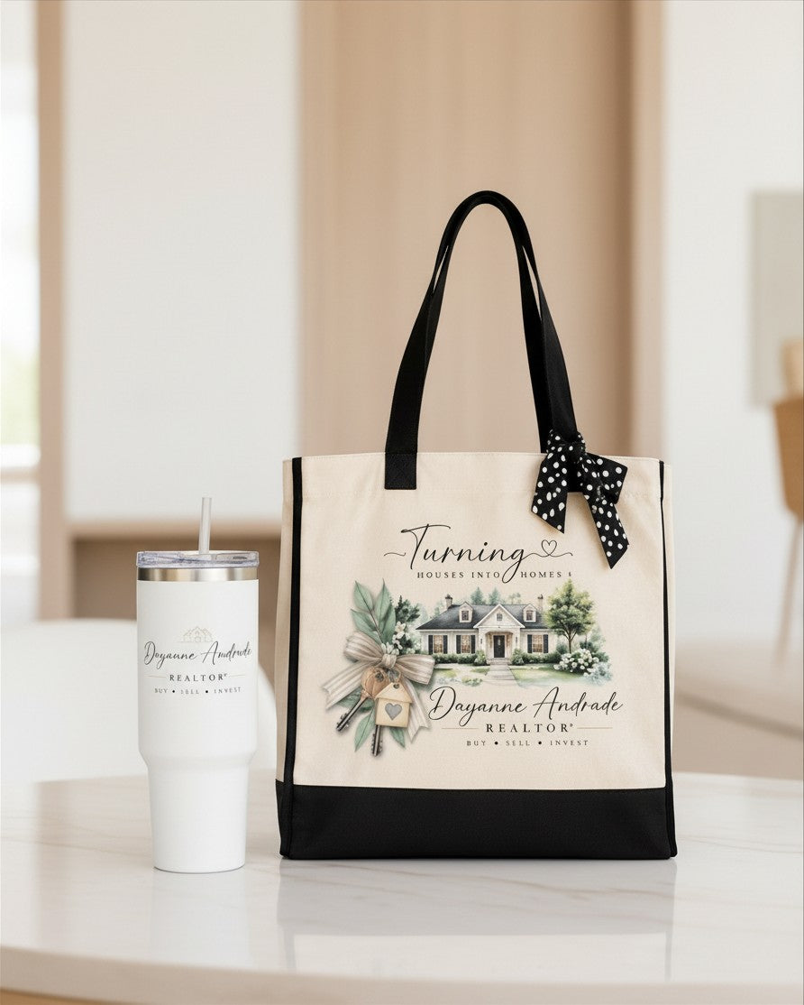 Kintoir personalized realtor gift set featuring a canvas tote and white insulated tumbler with custom name branding.