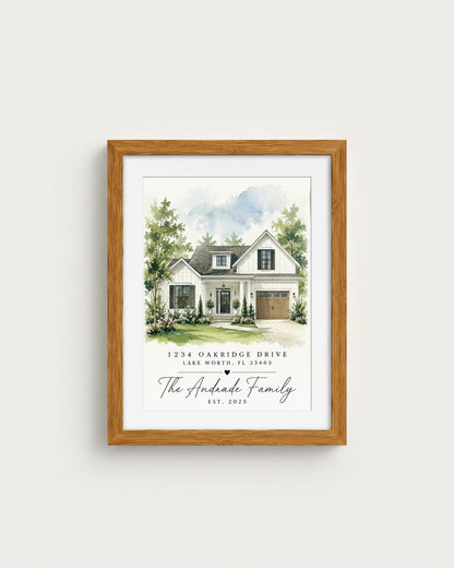 Kintoir personalized watercolor home portrait in a wooden frame featuring a custom house illustration and family name.