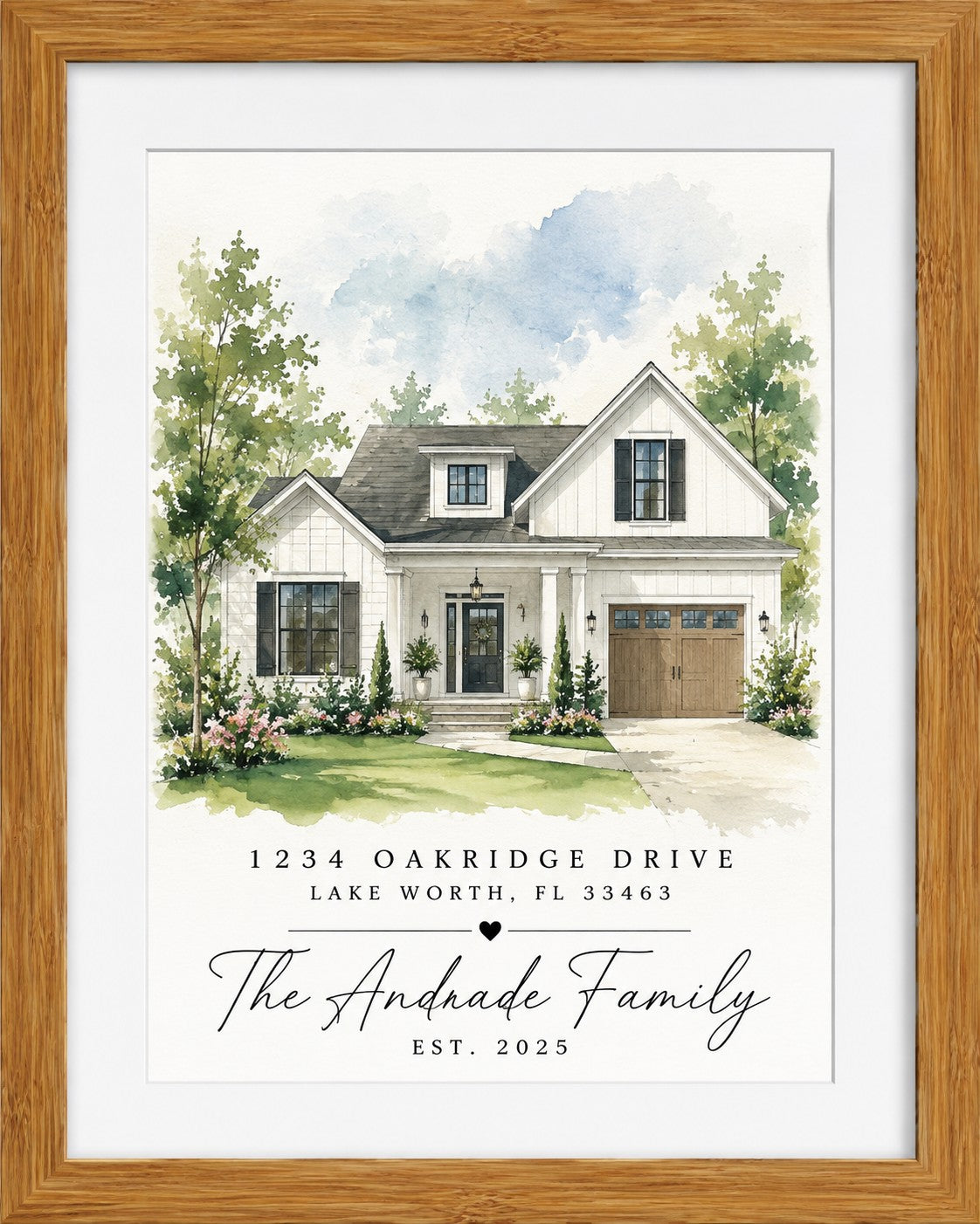 Kintoir personalized watercolor home portrait in a wooden frame featuring a custom house illustration and text.