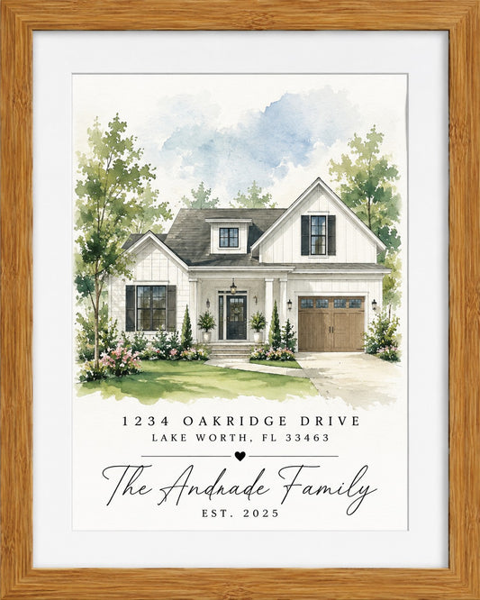 Kintoir personalized watercolor home portrait in a wooden frame featuring a custom house illustration and text.