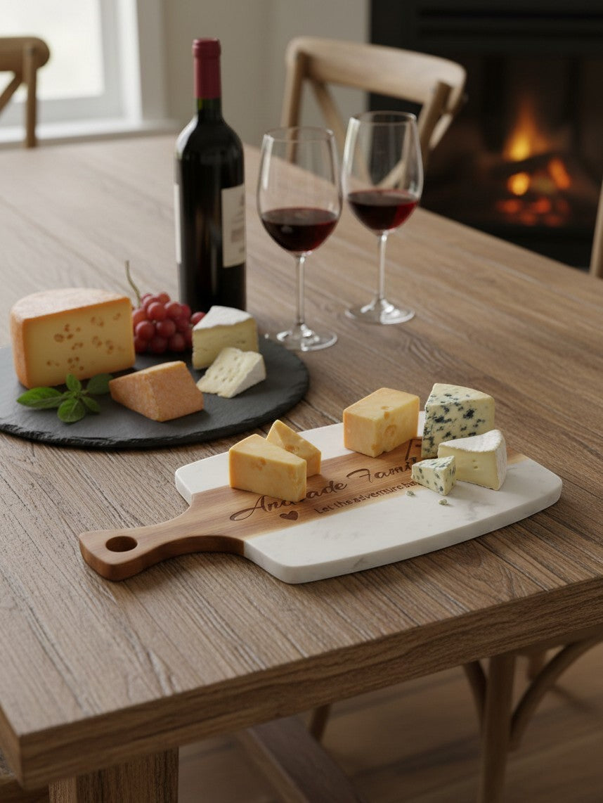 Personalized marble and acacia cutting board displayed in a modern kitchen