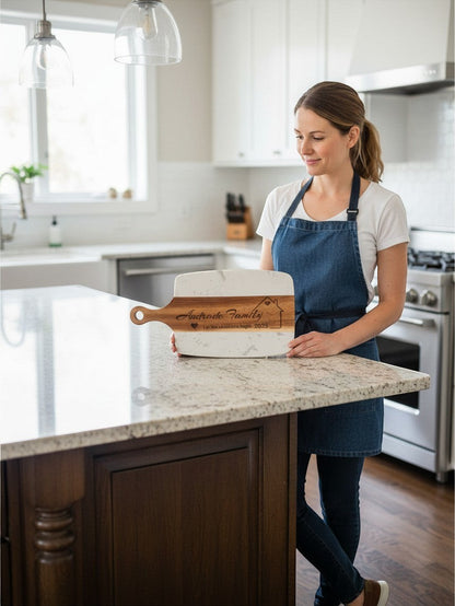 Kintoir personalized wood and marble cutting board held by a woman in a kitchen for a housewarming gift