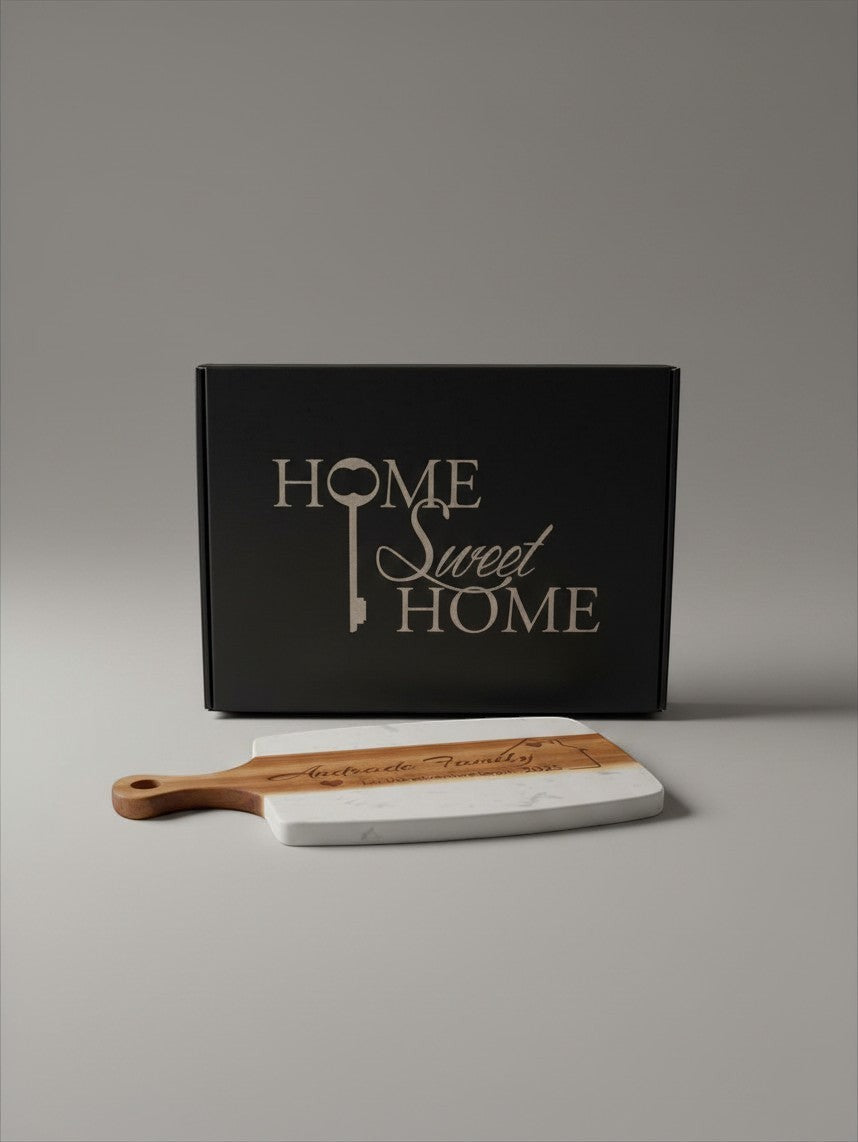 Closing Day Keepsake cutting board presented in black gift box