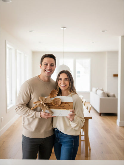 A smiling couple holding a personalized Kintoir acacia wood and marble cutting board gift set in a bright home.