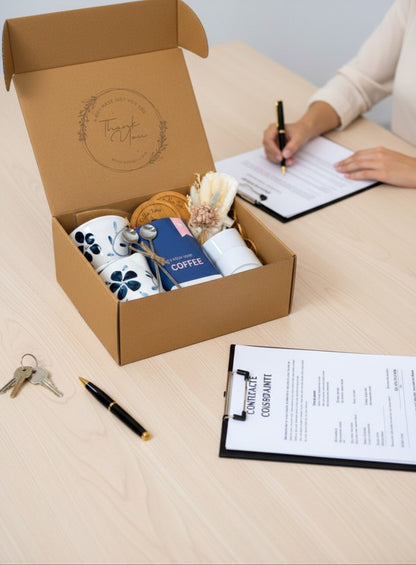 Kintoir pour over coffee gift box with floral mugs, wooden coasters, and dried flowers in a kraft box on a desk.