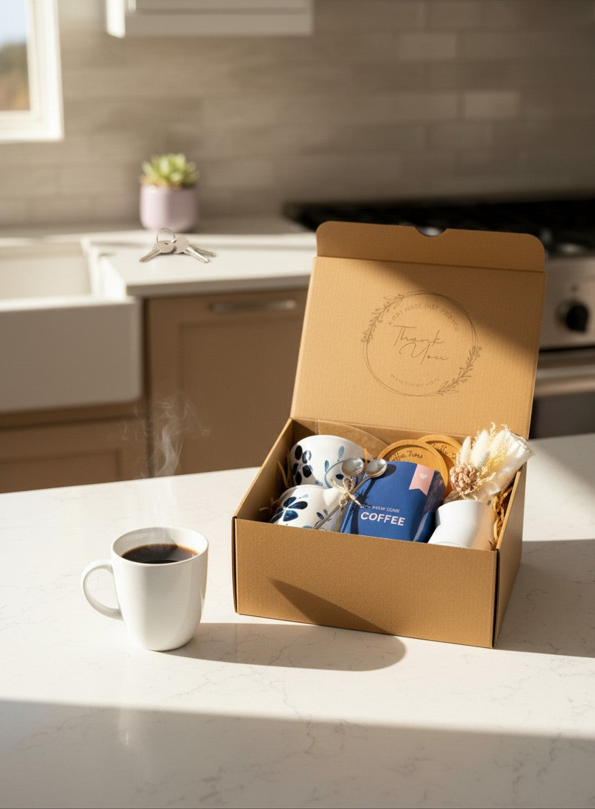 Kintoir pour over coffee gift box featuring ceramic mugs, coffee, wooden coasters, and dried flowers in a kraft box.