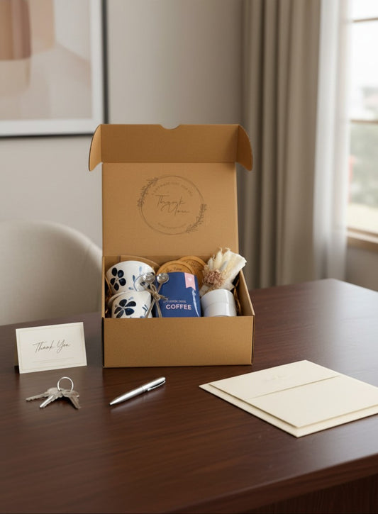 Kintoir pour over coffee gift box featuring ceramic mugs, wooden coasters, coffee, and dried flowers in a kraft box.