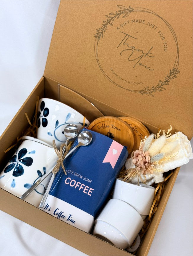 Floral Pour Over ready-to-gift coffee box with mugs, coffee, coasters and dried flowers