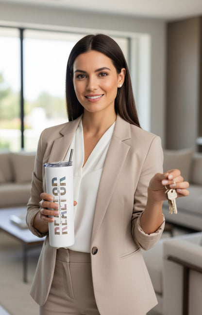 Woman holding personalized Realtor 20 oz tumbler with custom agent name | Kintoir
