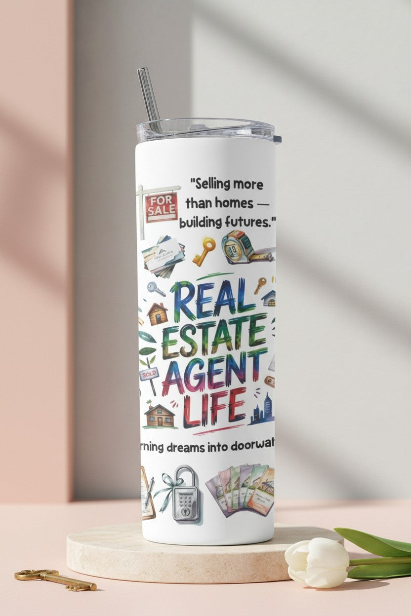 Real Estate Agent Life 20 oz tumbler with homes keys contracts and sold sign artwork | Kintoir