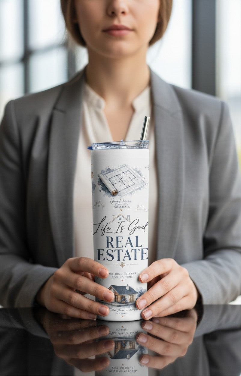 Real estate professional holding luxury 20 oz Realtor tumbler with sublimated artwork | Kintoir